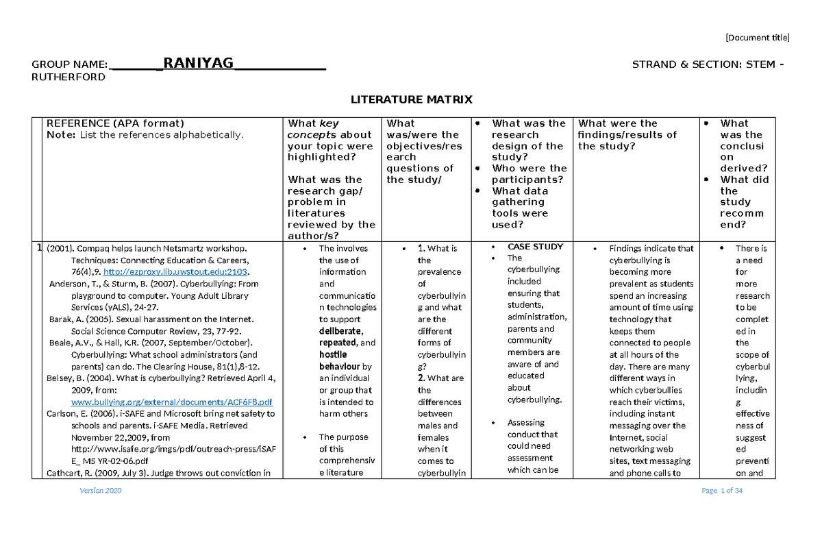 Literature-Matrix - wis - GROUP NAME: RANIYAG_________ STRAND & SECTION ...