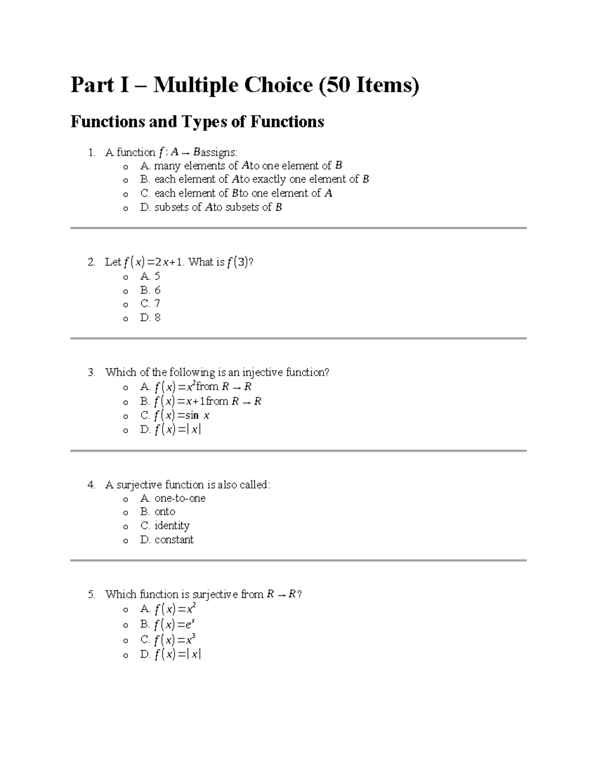 Midterm Exam MCQs on Functions and Their Types - Studocu