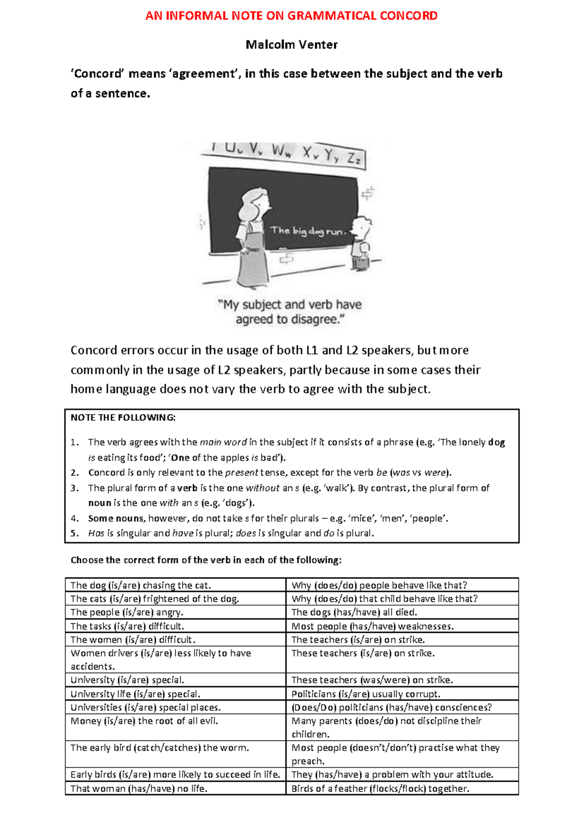 Informal Notes on Grammatical Concord: Understanding Subject-Verb ...
