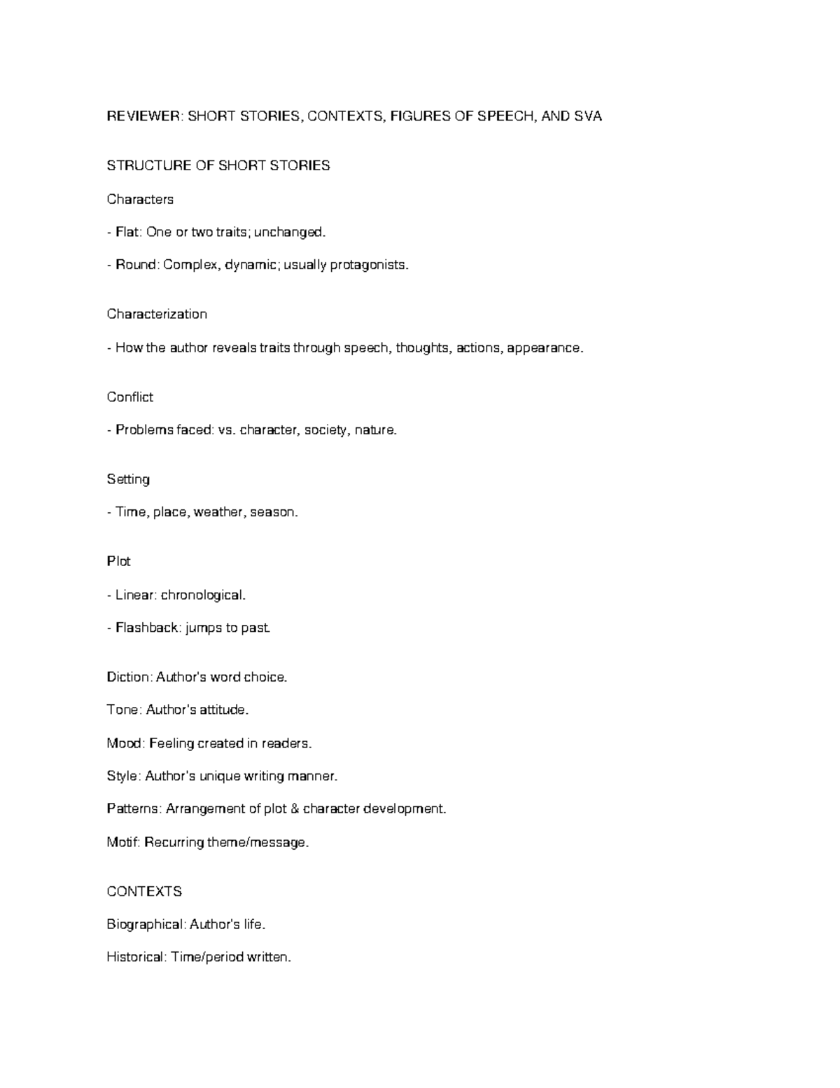 REVIEWER: SHORT STORIES & SVA STRUCTURE ANALYSIS - Studocu