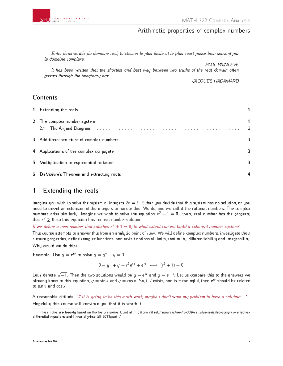 MATH 322 Complex Analysis: Arithmetic Properties of Complex Numbers ...