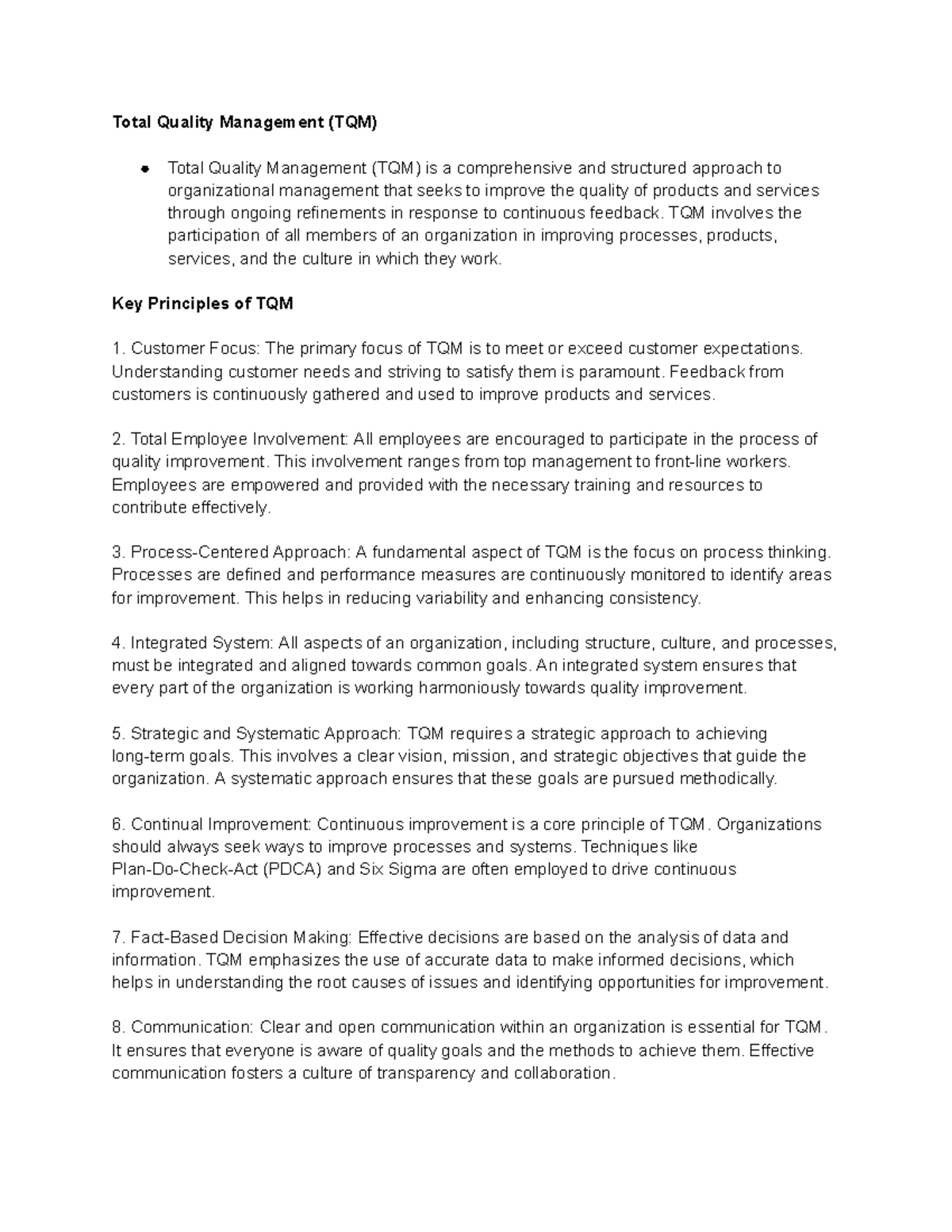Total Quality Management (TQM) Summary - Total Quality Management (TQM ...