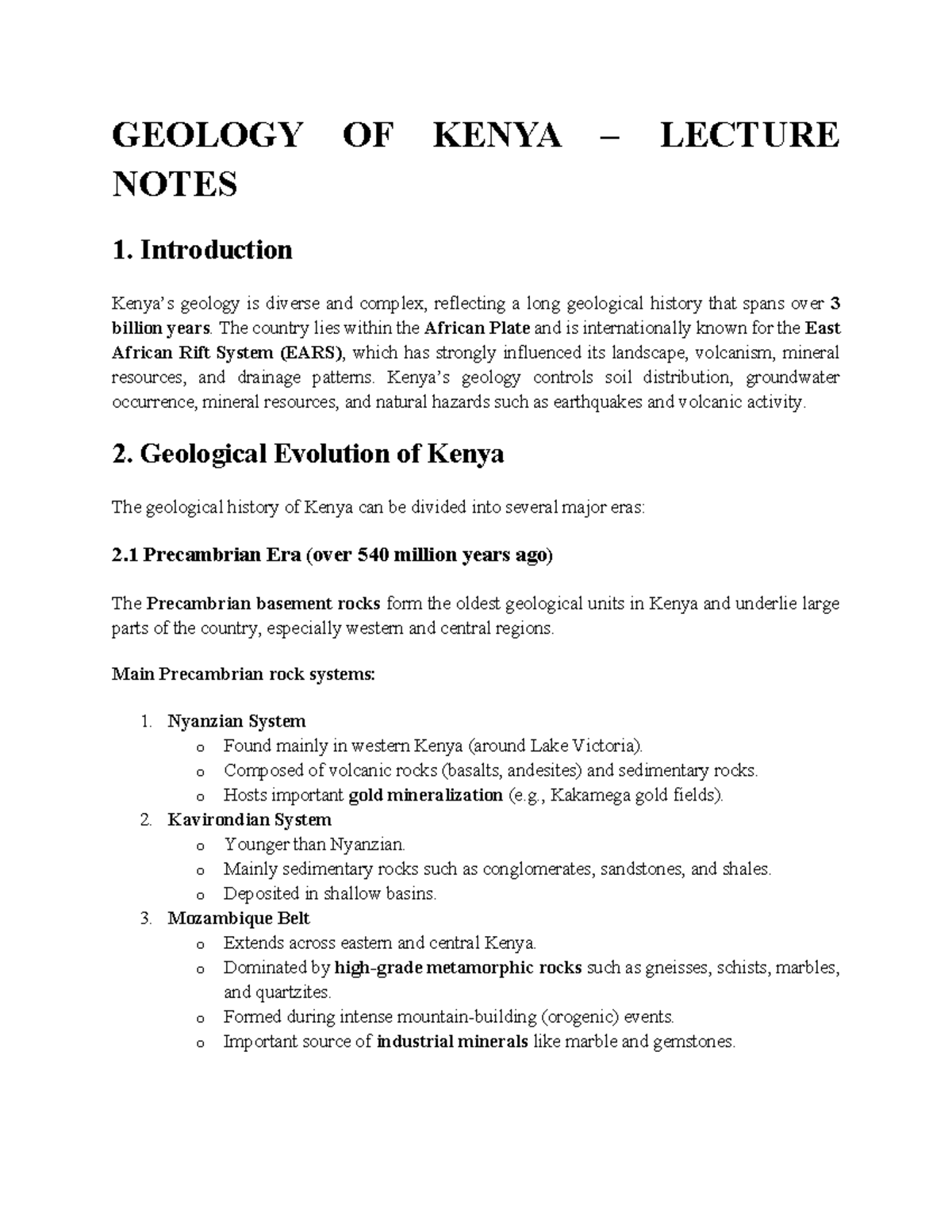 GEOLOGY NOTES OF KENYA LECTURE 1: Geological History & Resources - Studocu
