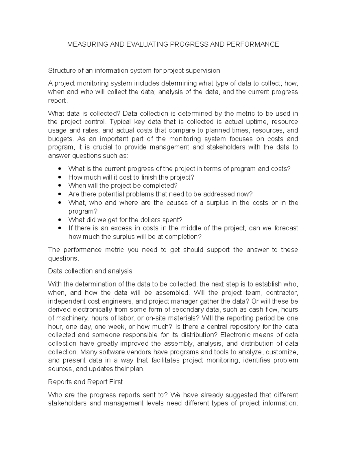 MEASURING AND EVALUATING PROGRESS AND PERFORMANCE - What data is ...