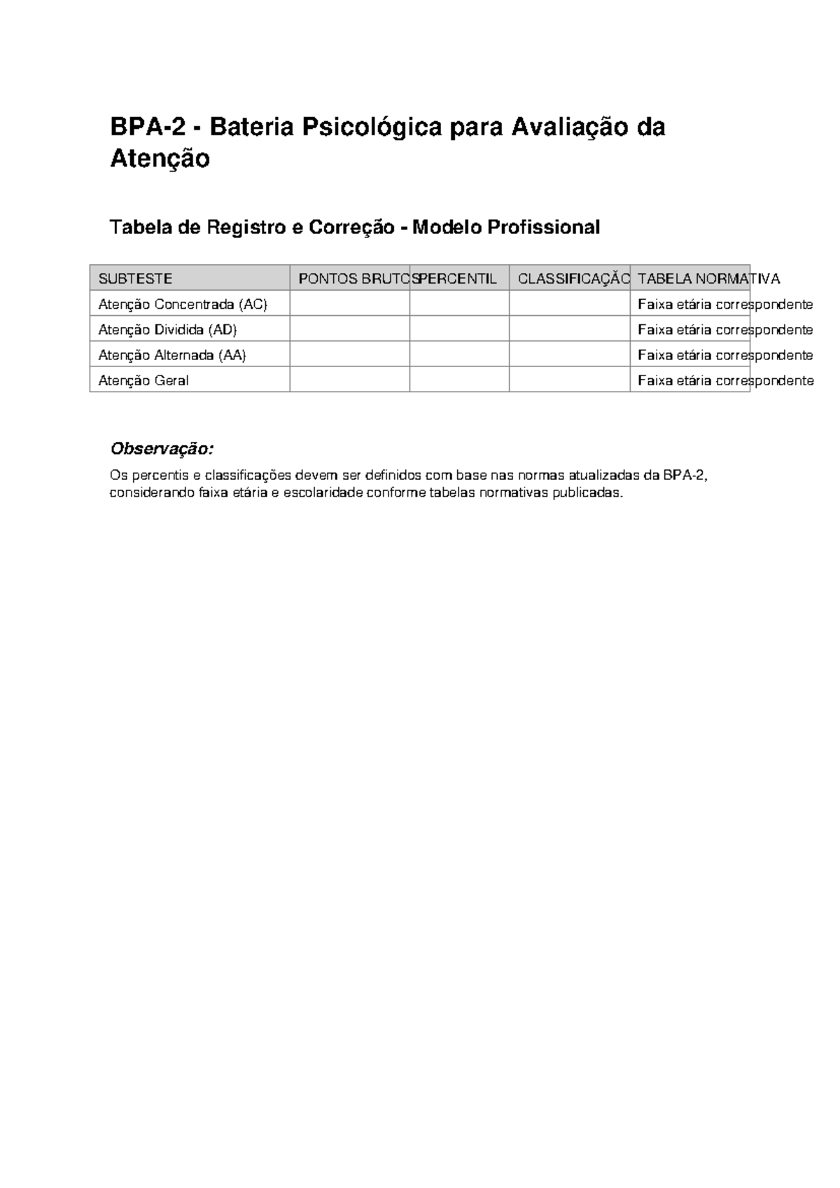 BPA2 Tabela Profissional - BPA-2 - Bateria Psicológica para Avaliação ...
