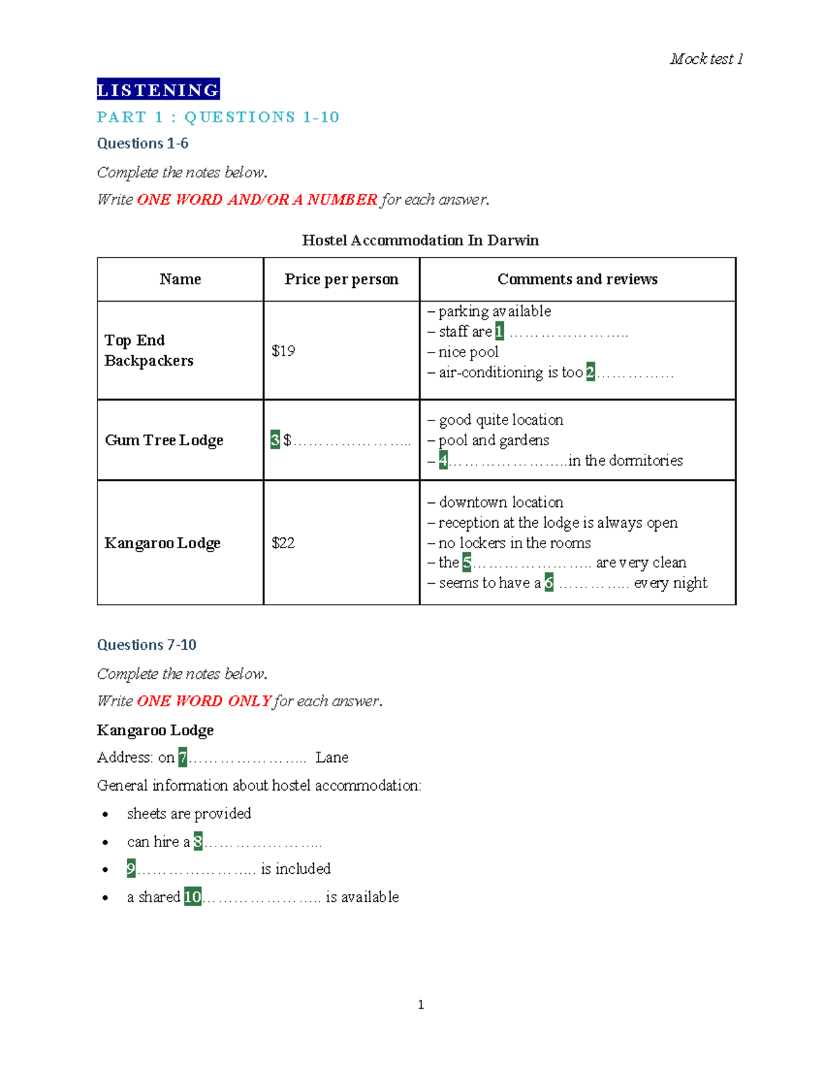 MOCK TEST 1 - Listening & Reading Practice Questions - Studocu