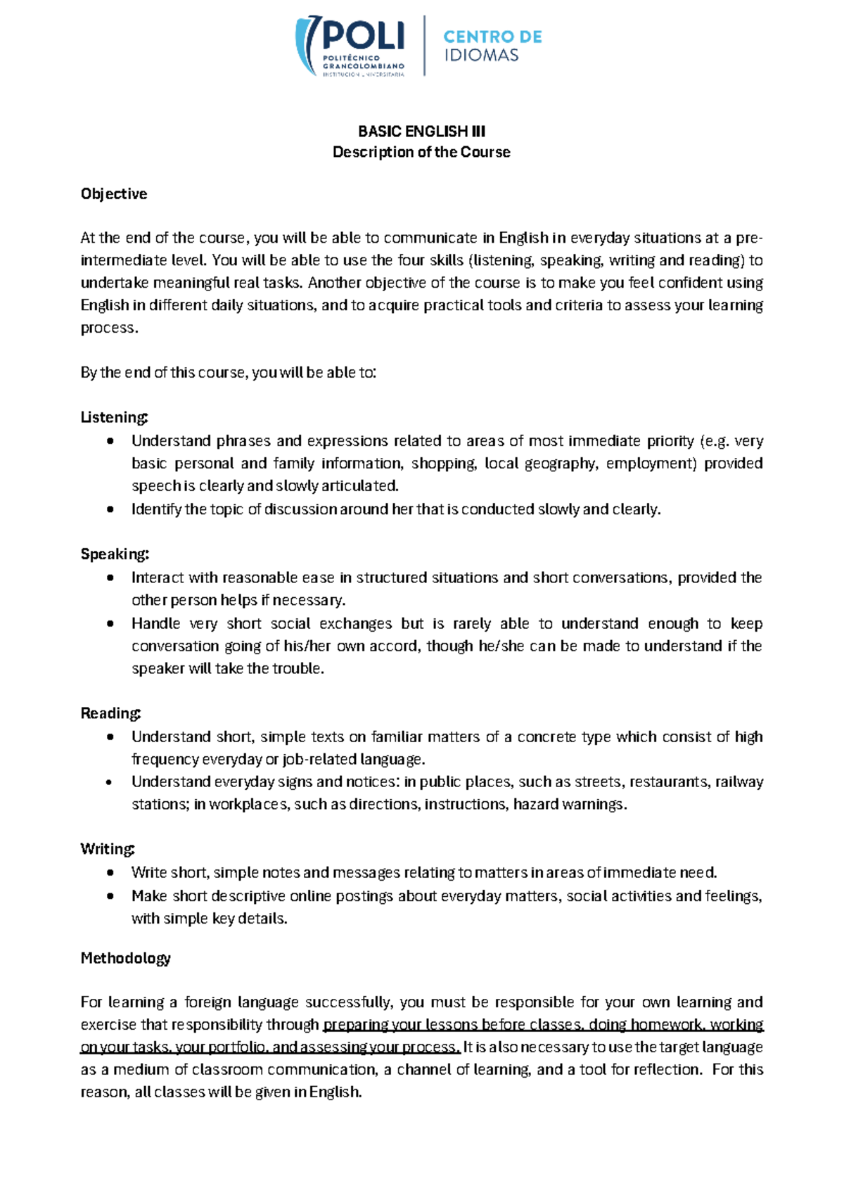 Academic Program: Basic English 3 Course Overview and Objectives - Studocu