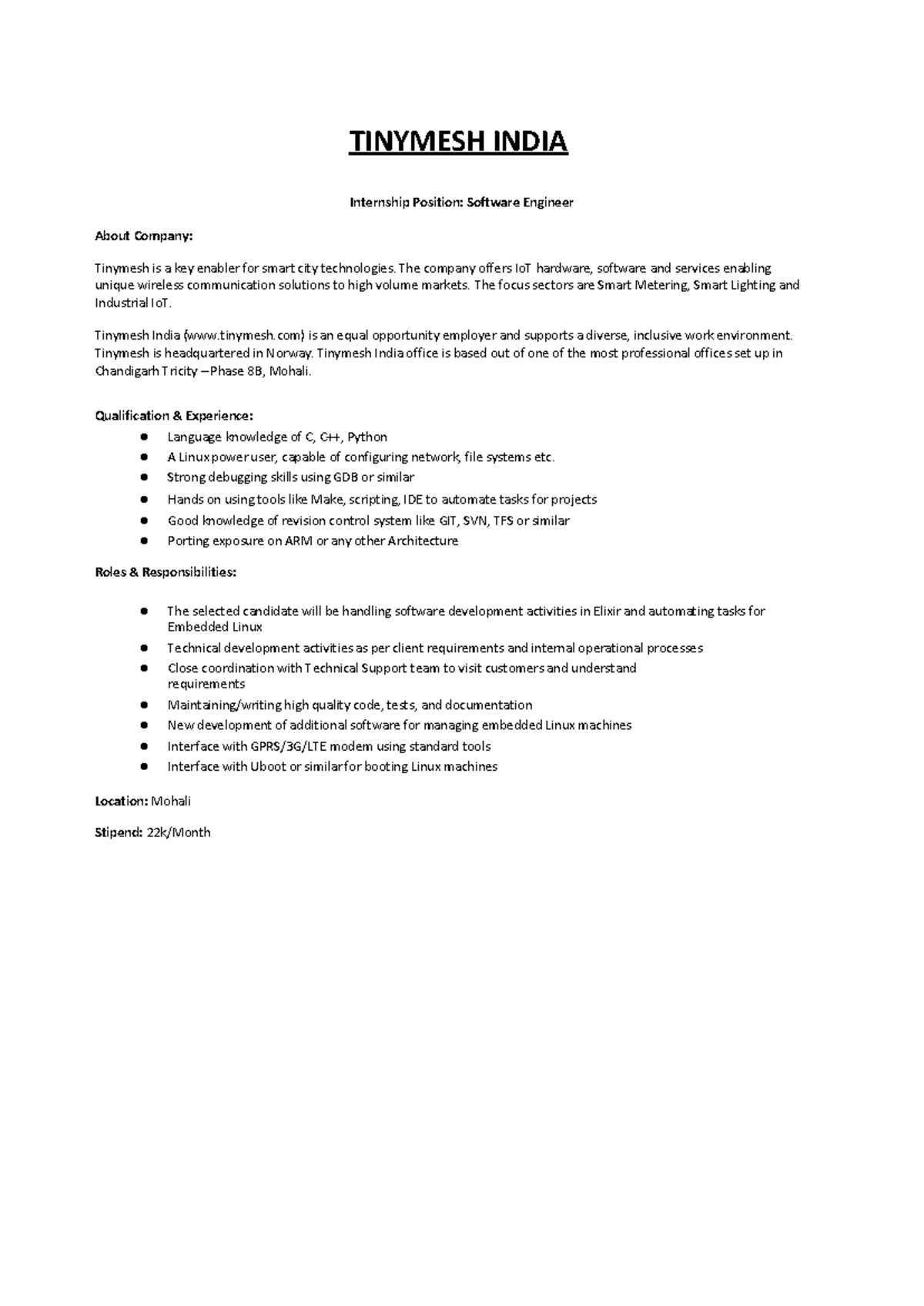 Software Engineer Intern -JD - TINYMESH INDIA Internship Position ...
