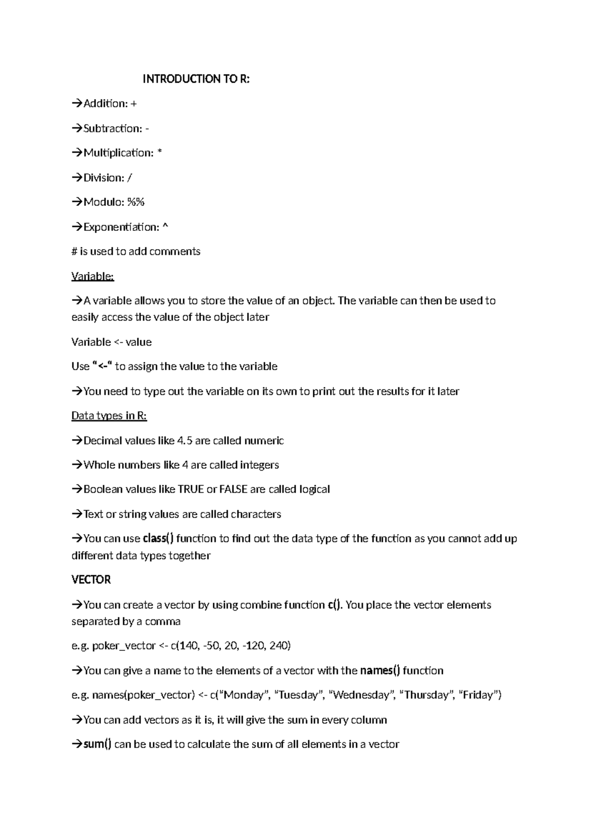 BT1101 Data Camp Notes: Introduction to R Programming Concepts - Studocu