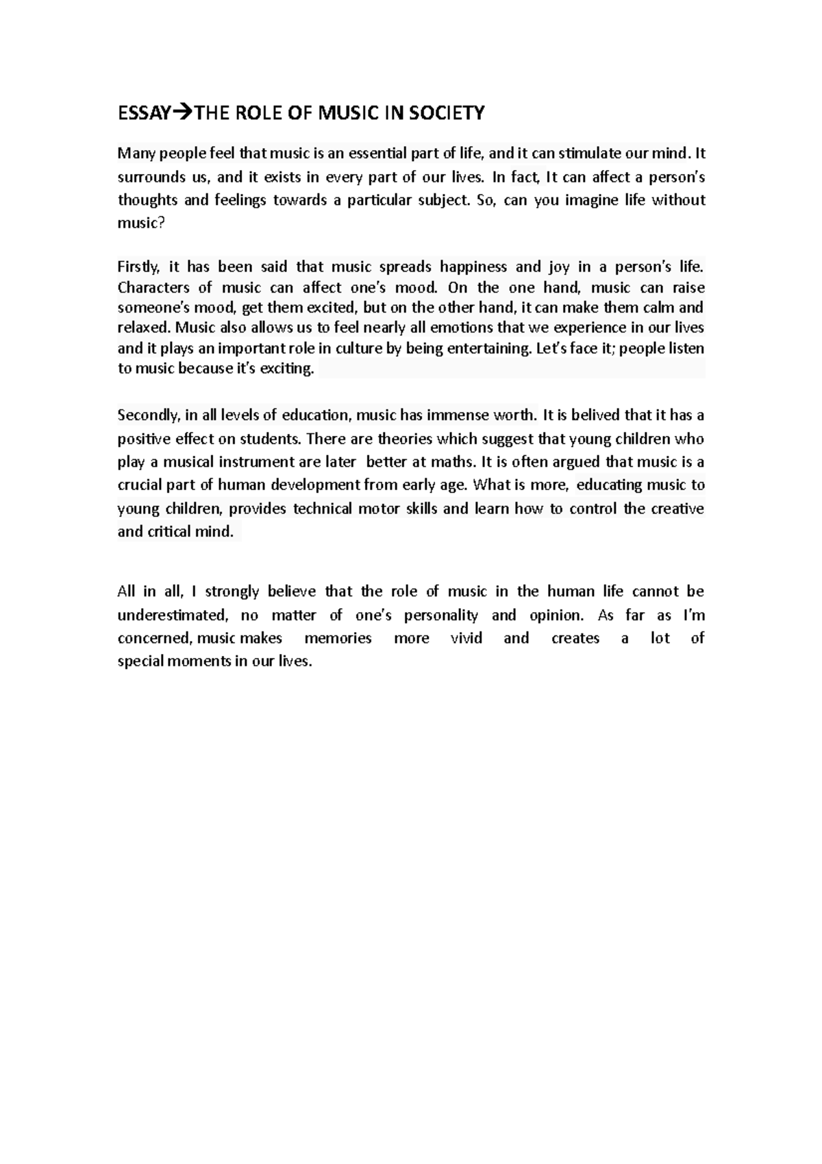 Essay acadèmia cae - ESSAY THE ROLE OF MUSIC IN SOCIETY Many people ...