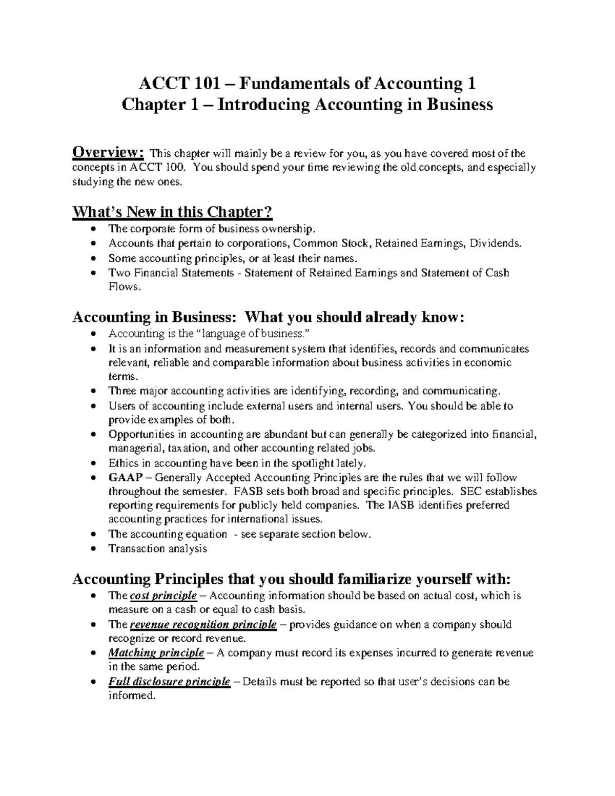 ACCT 101 - Chapter 1 Notes: Introduction to Accounting Concepts - Studocu