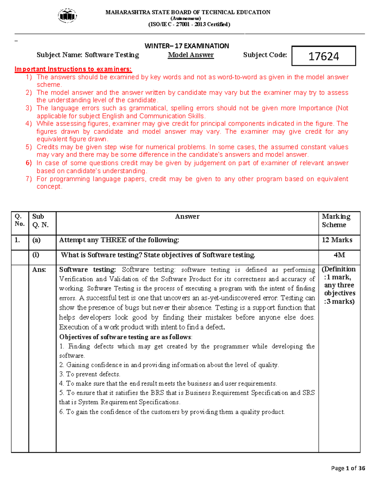 Model Answer for Software Testing - Subject Code: 17624 - Studocu
