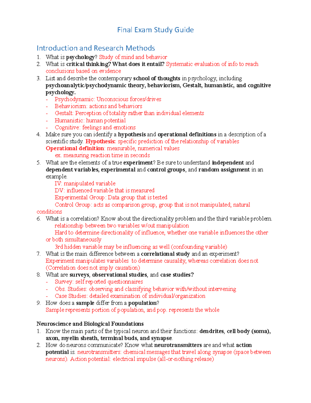 Psychology PSY 101 Final Exam Study Guide - Introduction and Research ...