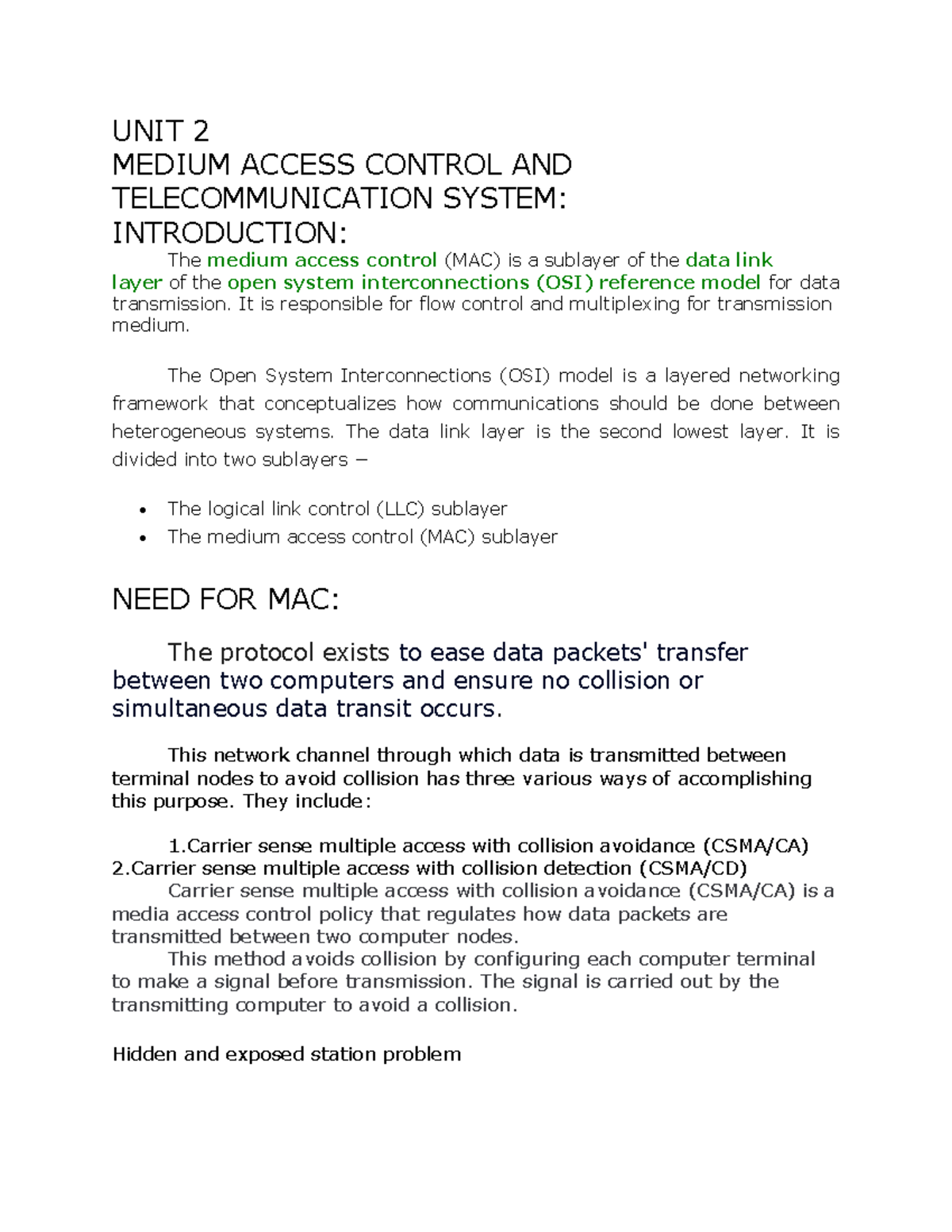MC UNIT 2 - Medium Access Control & Telecommunication Systems Notes ...