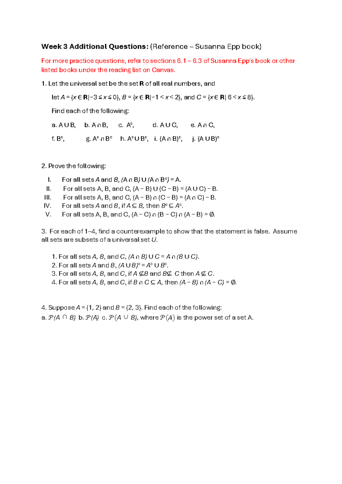 Week 3 Additional Questions: Set Theory Practice Problems - Studocu