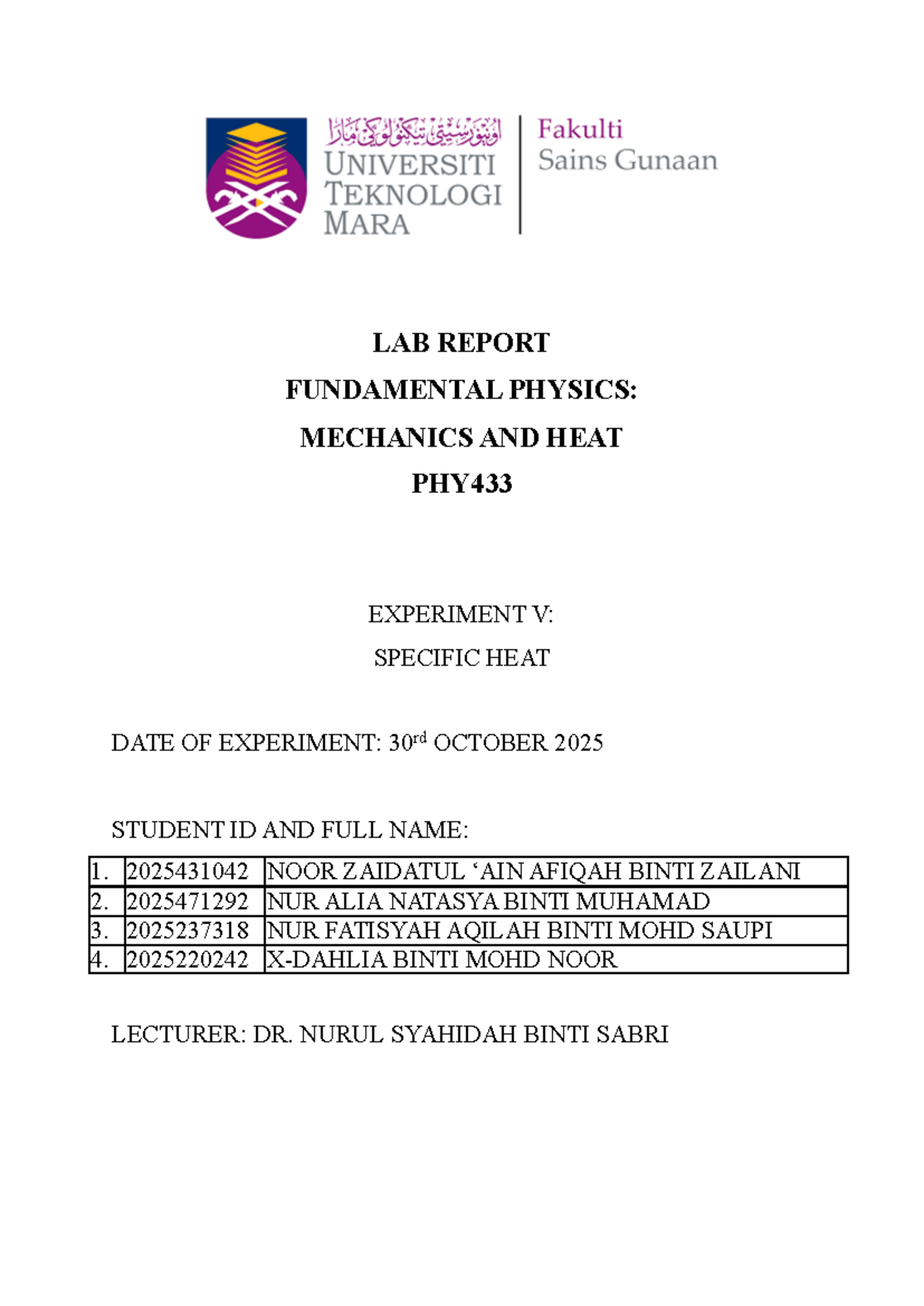 LAB REPORT: EXPERIMENT 5 - SPECIFIC HEAT IN PHY433 - Studocu