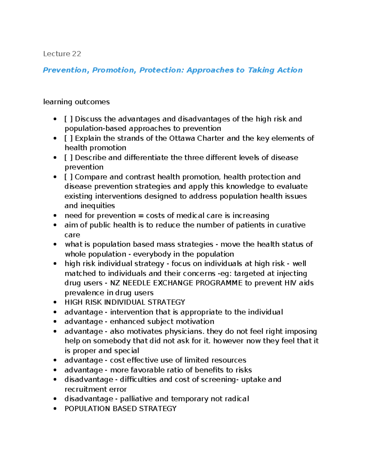 Lecture 22: Prevention, Promotion, Protection - Learning Outcomes Notes ...