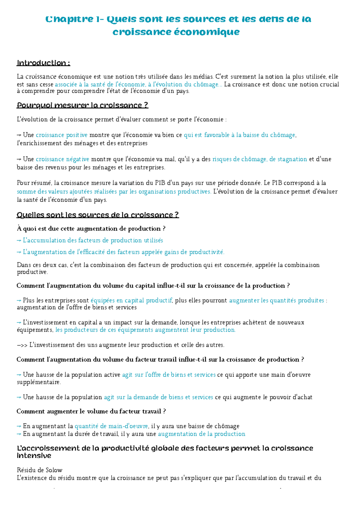 Chapitre 1 - Sources et Défis de la Croissance Économique - Studocu