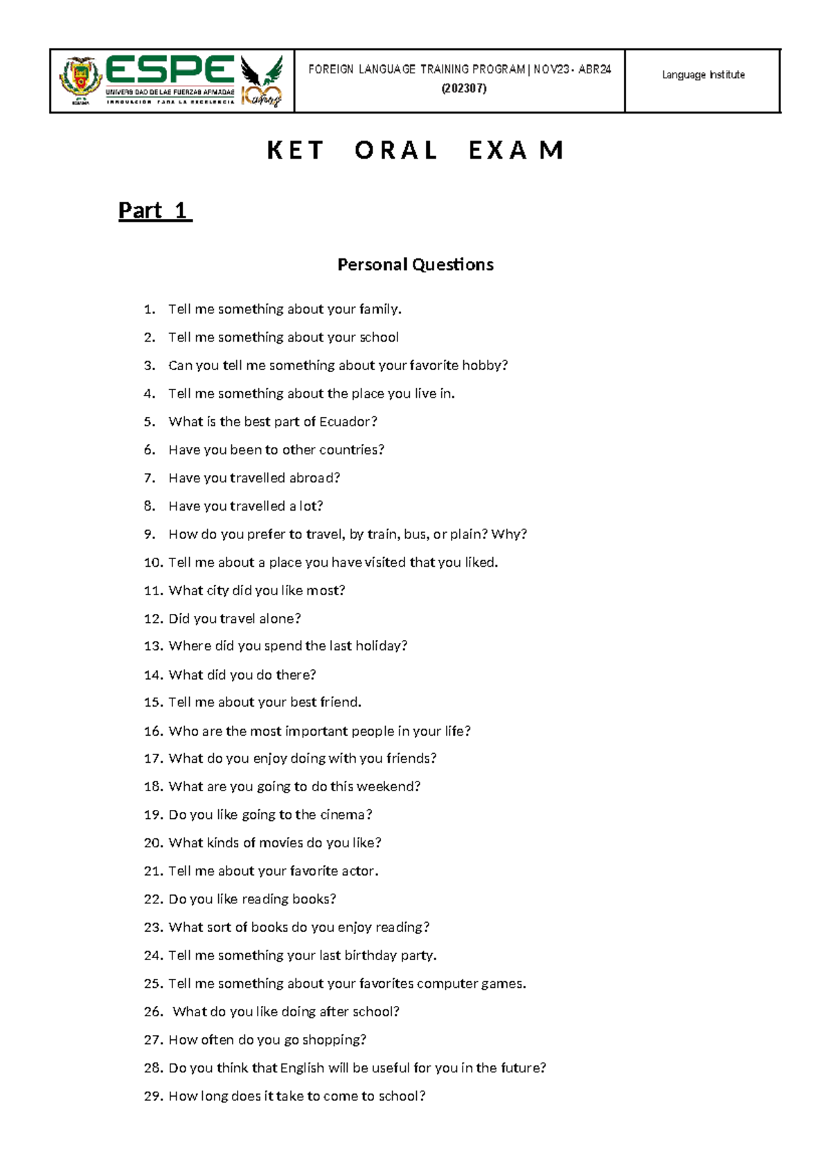 K E T O R A L E X A M - Language Training Personal Questions (202307 ...