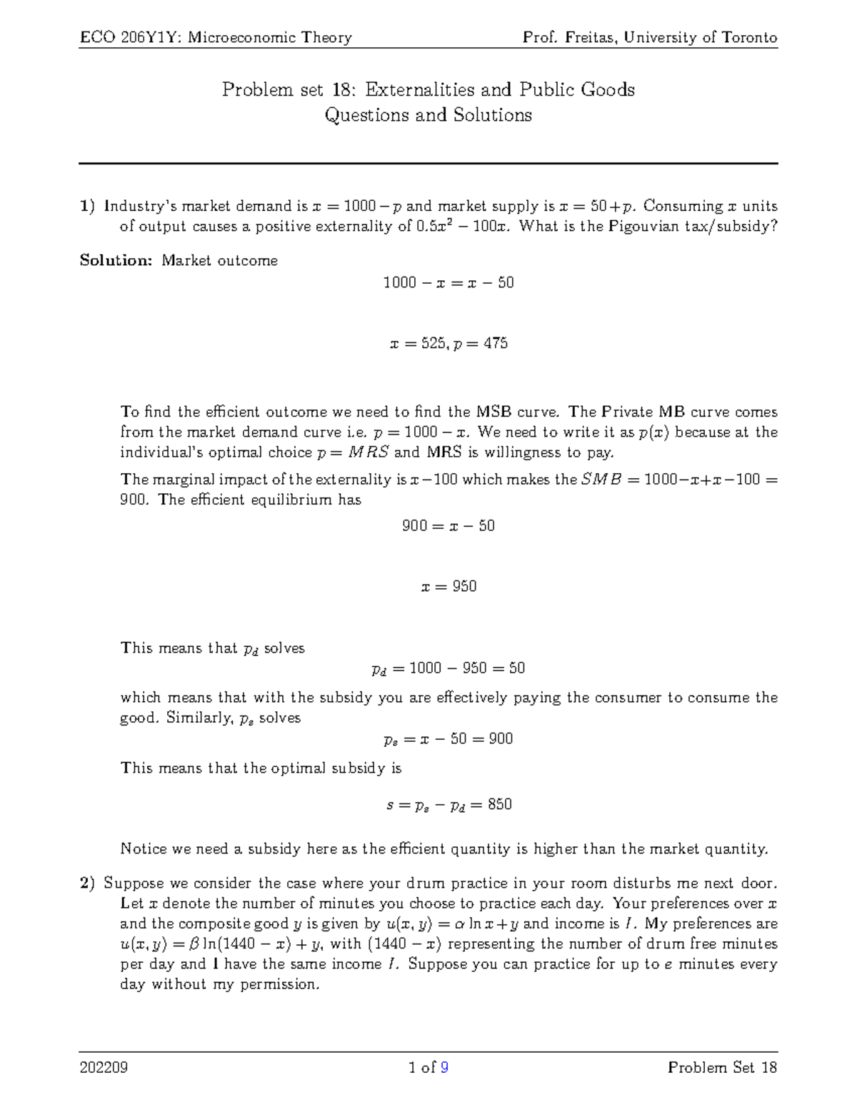 ECO206 Problem Set 18: Solutions for Externalities & Public Goods - Studocu