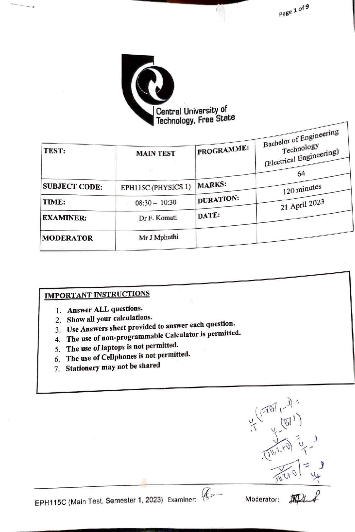 EPH115C Physics 1 Main Test Qs & Solutions - Sem 1 2023 - Studocu