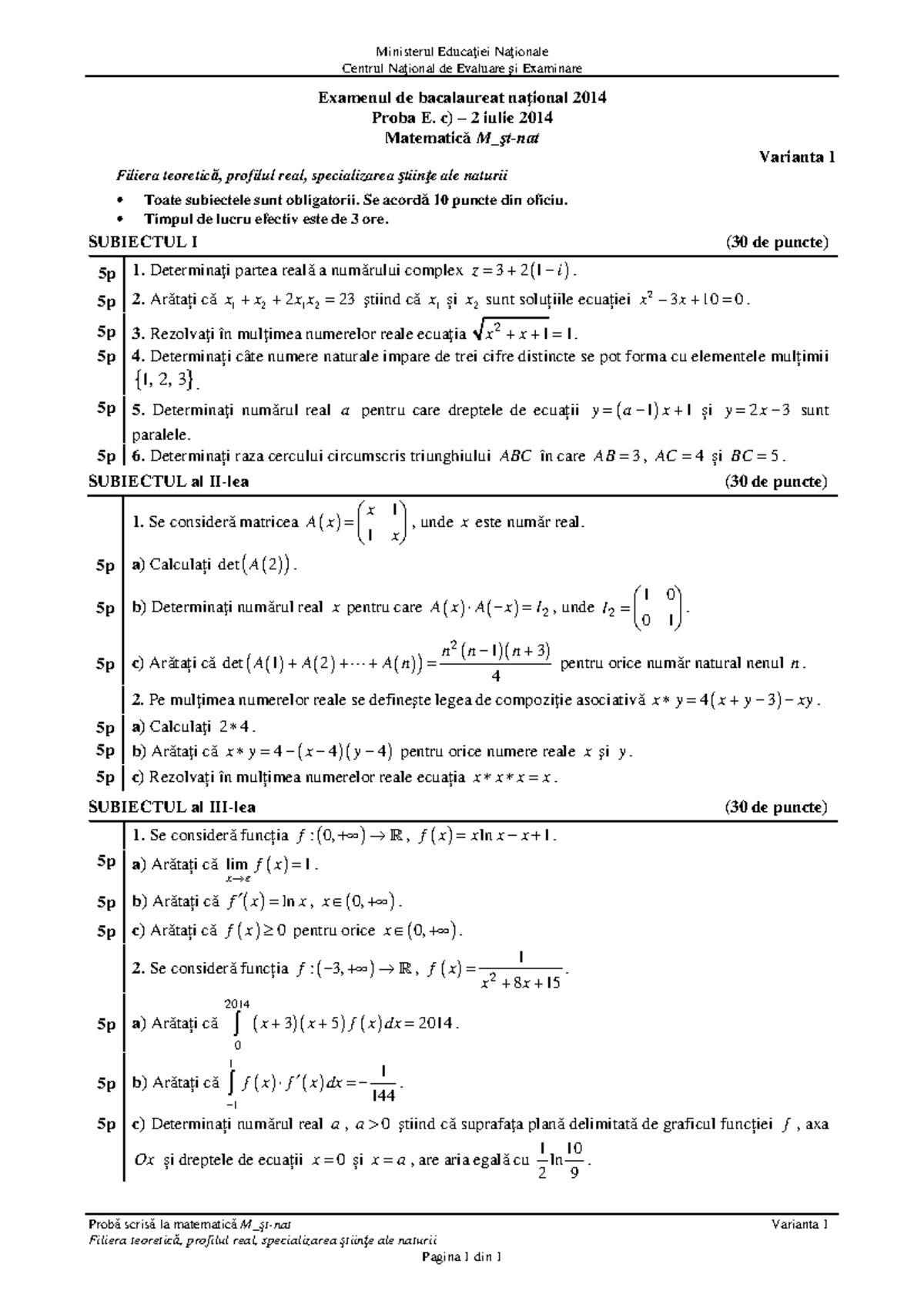 Subiecte Bacalaureat M_şt-nat 2013-2023: Examen Scris Matem. Varianta 1 ...