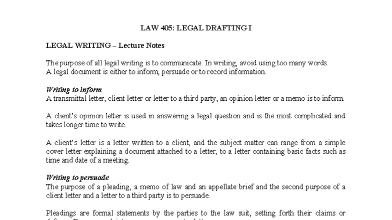 LAW 405: Legal Drafting I - Lecture Notes Summary - Studocu