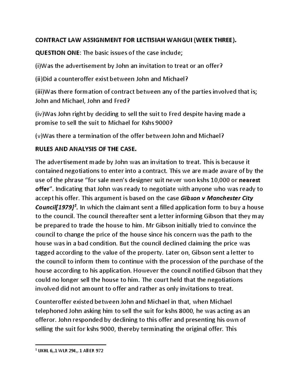 Contract Law Assignment: Week 3 Analysis of Offer and Acceptance - Studocu
