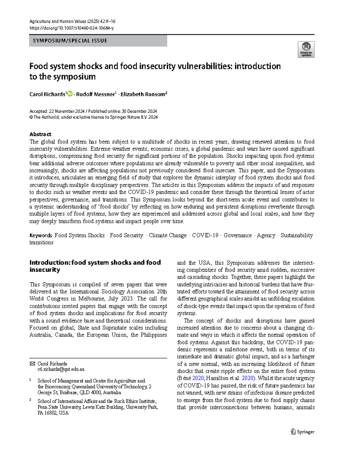 Food System Shocks and Food Insecurity: Symposium Introduction - Studocu