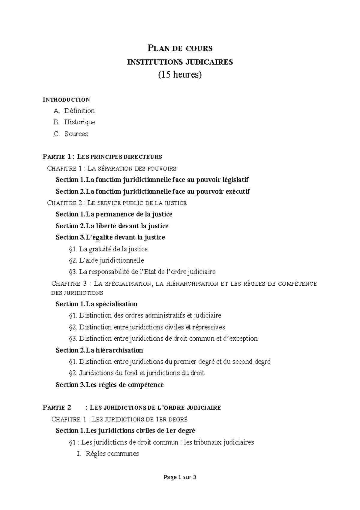 Plan de Cours : Institutions Judiciaires (15h) - Détails et Principes ...