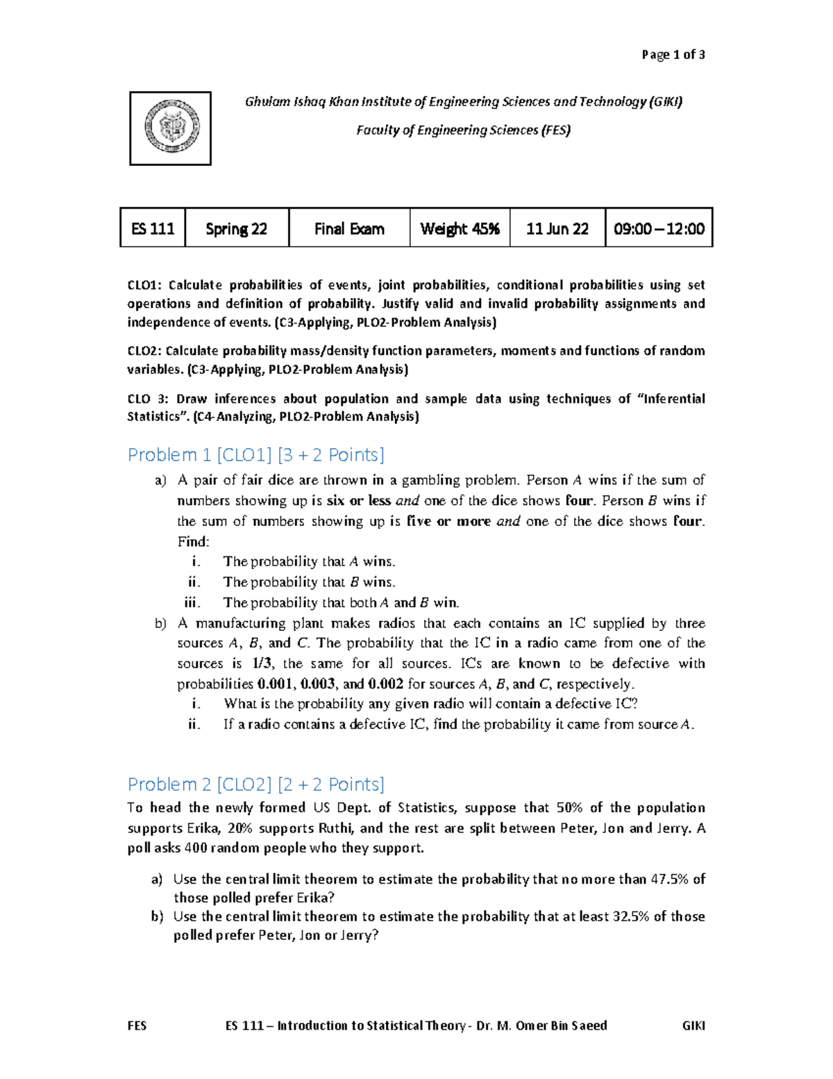 ES 111 Final Exam Solutions S22: Probability & Statistics Analysis ...
