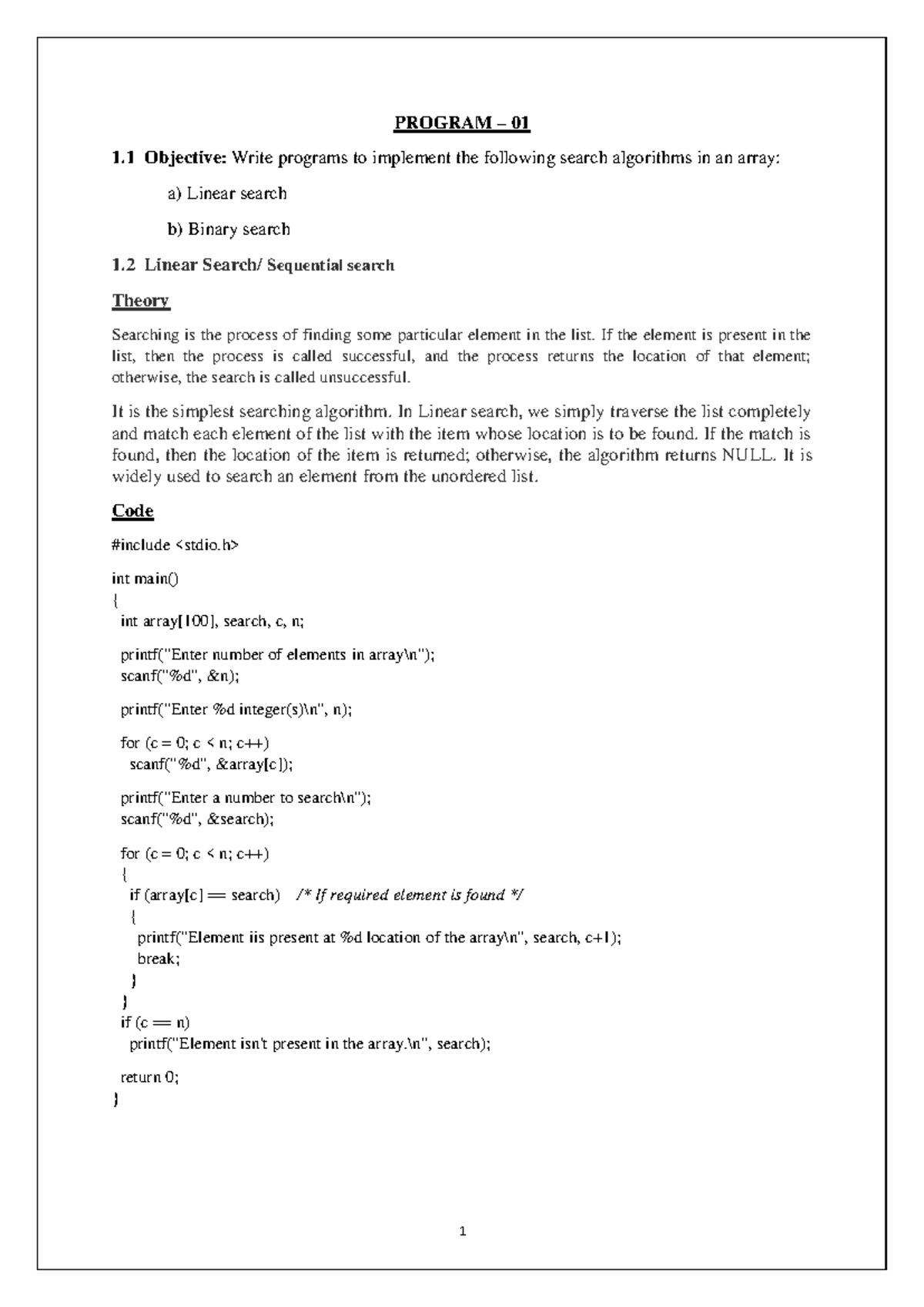 DS LAB Exp-1: Implementation of Linear & Binary Search Algorithms - Studocu