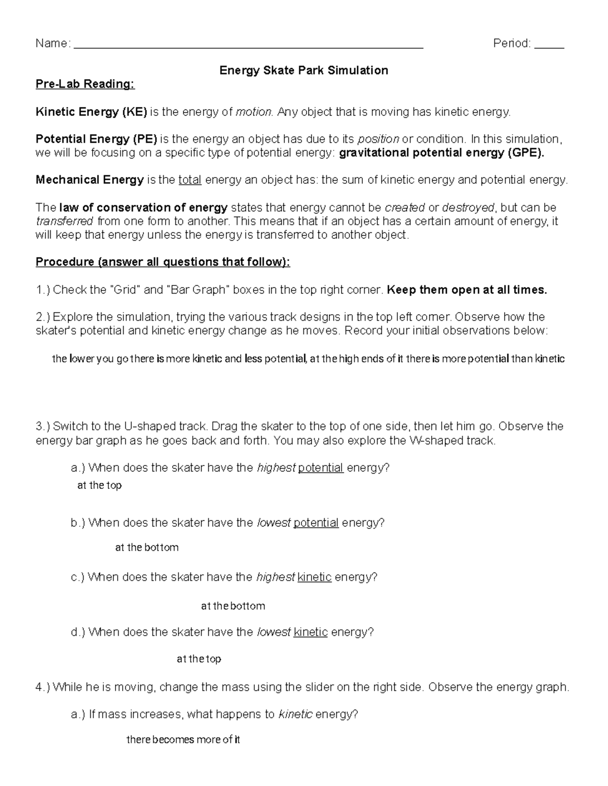 Energy Skate Park Simulation Lab - PHET 101: Pre-Lab and Post-Lab ...