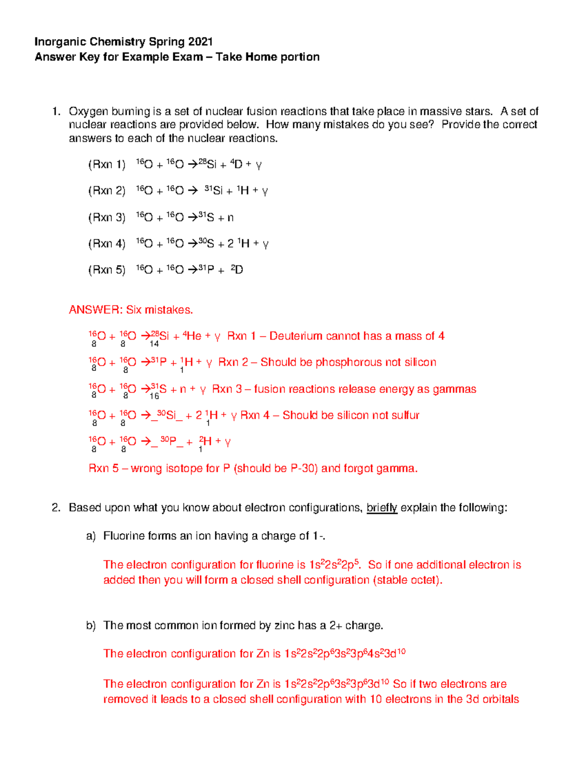 Practice Exam 1 Take Home Portion answer key 2021 - Inorganic Chemistry ...
