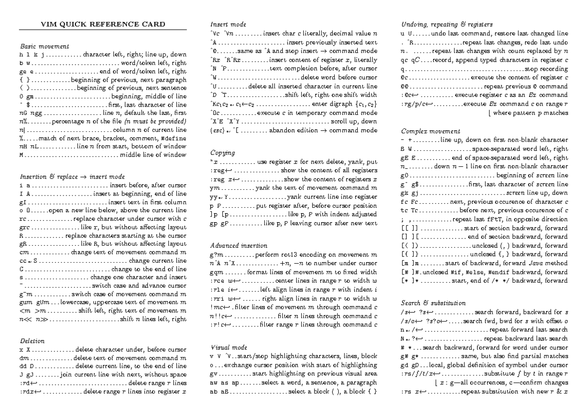 VIM Quick Reference Cheat Sheet for Efficient Editing Techniques - Studocu