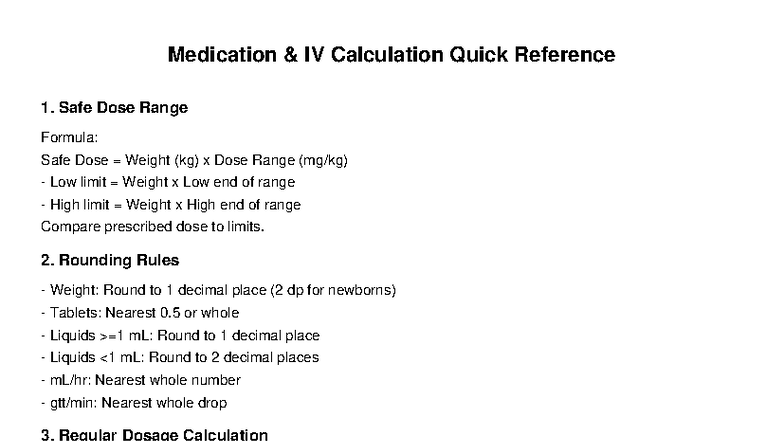 Medication IV Calculation Quick Ref: Safe Dosing & Flow Rates - Studocu