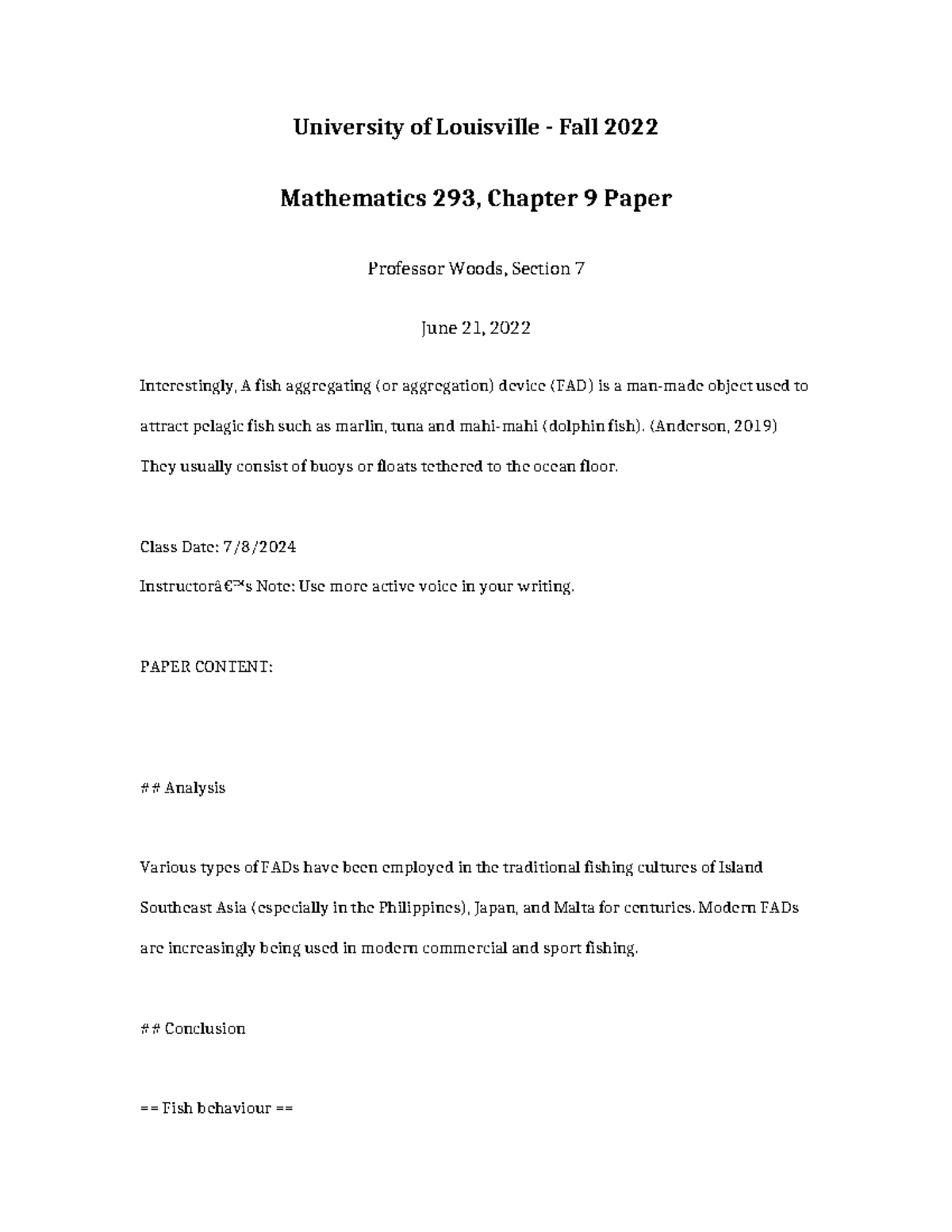 Mathematics 293, Chapter 9 Paper: Fish Aggregating Devices Analysis ...