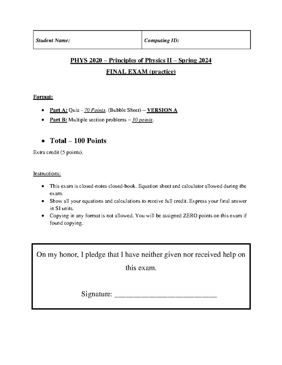 PHYS 2020 Final Exam - Practice Questions & Instructions - Studocu