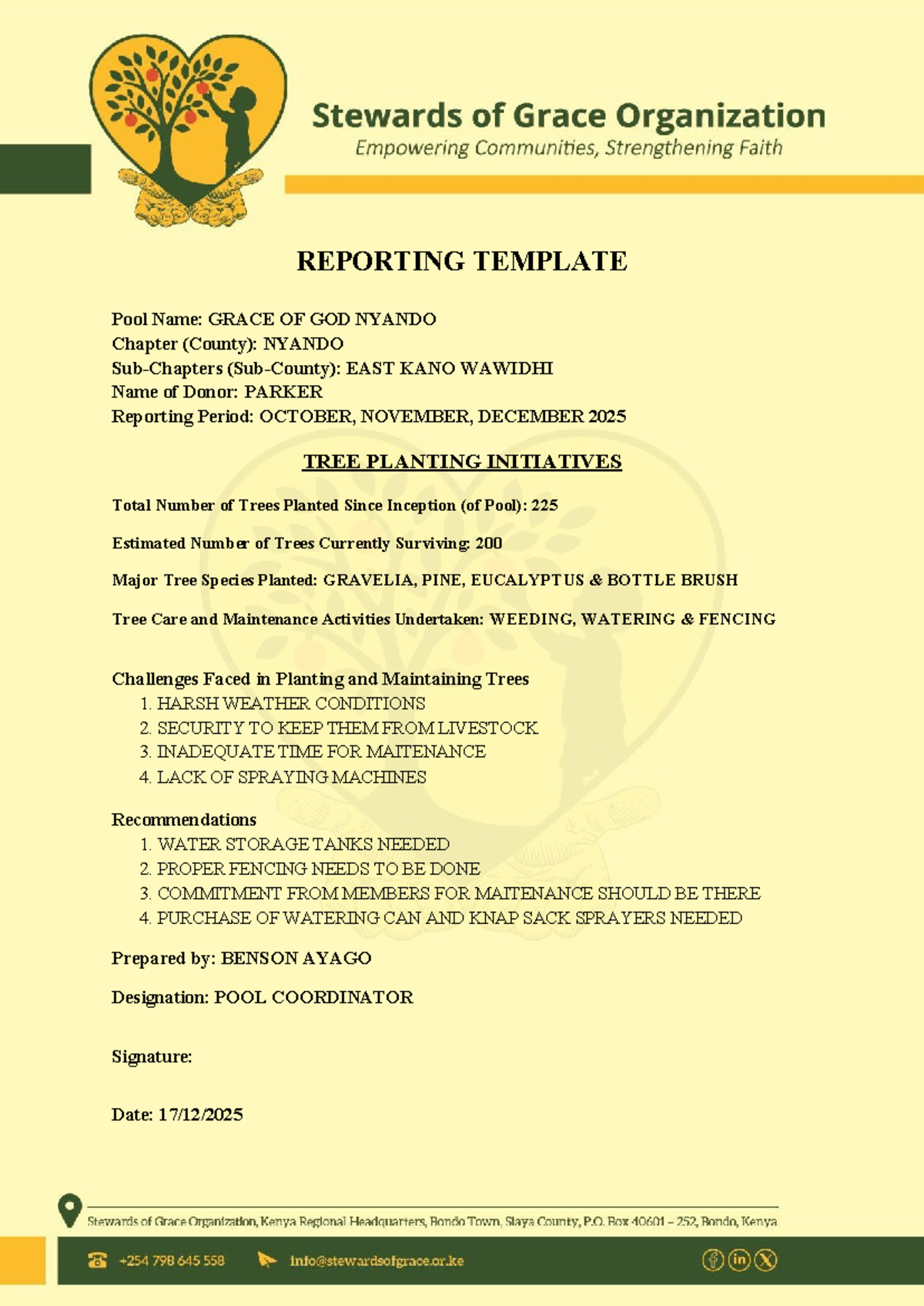 Reporting Template: Tree Planting Initiatives - GRACE OF GOD NYANDO ...