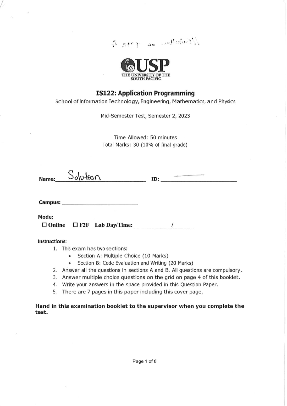 IS122 Semester 2 2023 Test Solutions: Application Programming Guide ...
