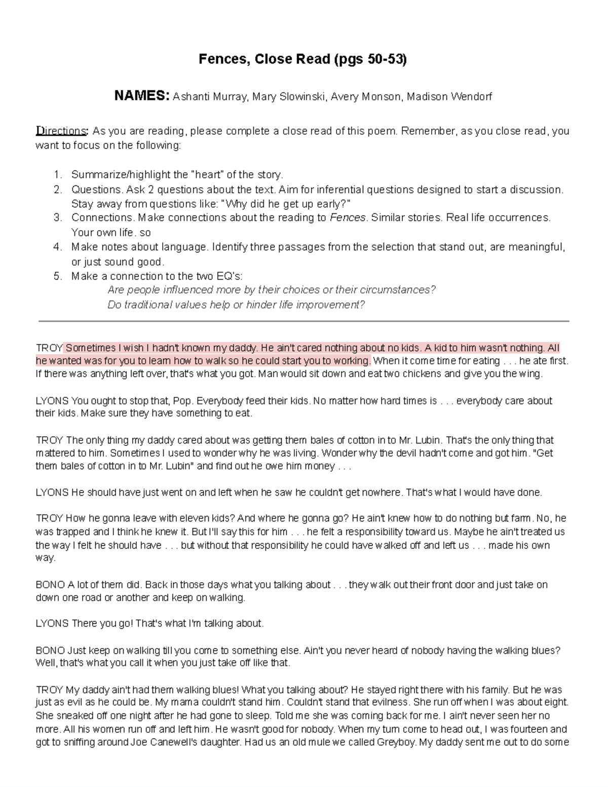 Fences, Close Read Analysis (pgs 50-53) - Discussion Guide v2 - Studocu