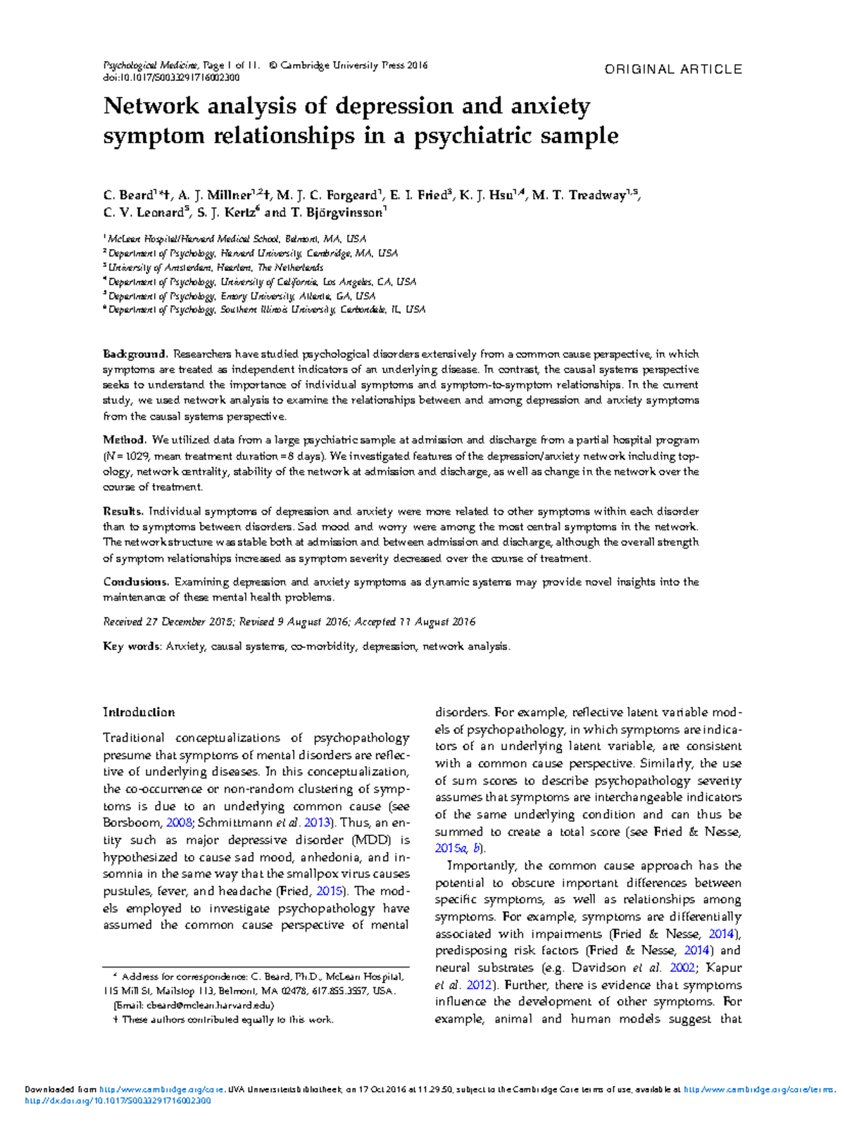 Network Analysis of Depression and Anxiety Symptoms in Psychiatry - Studocu