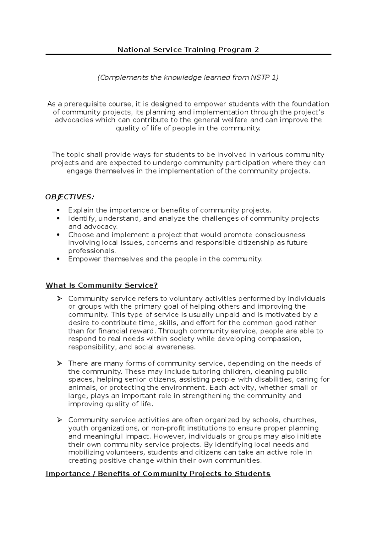National Service Training Program 2: Community Projects & Service ...