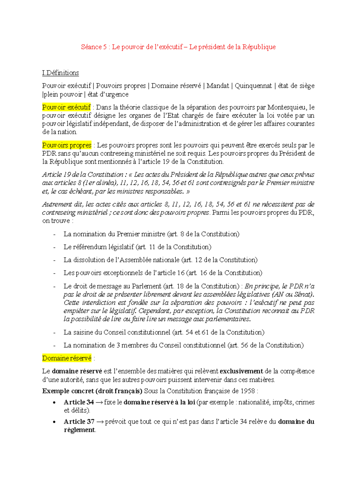 TD5 Dt Constit 5e Rép : Pouvoirs du Président de la République - Studocu