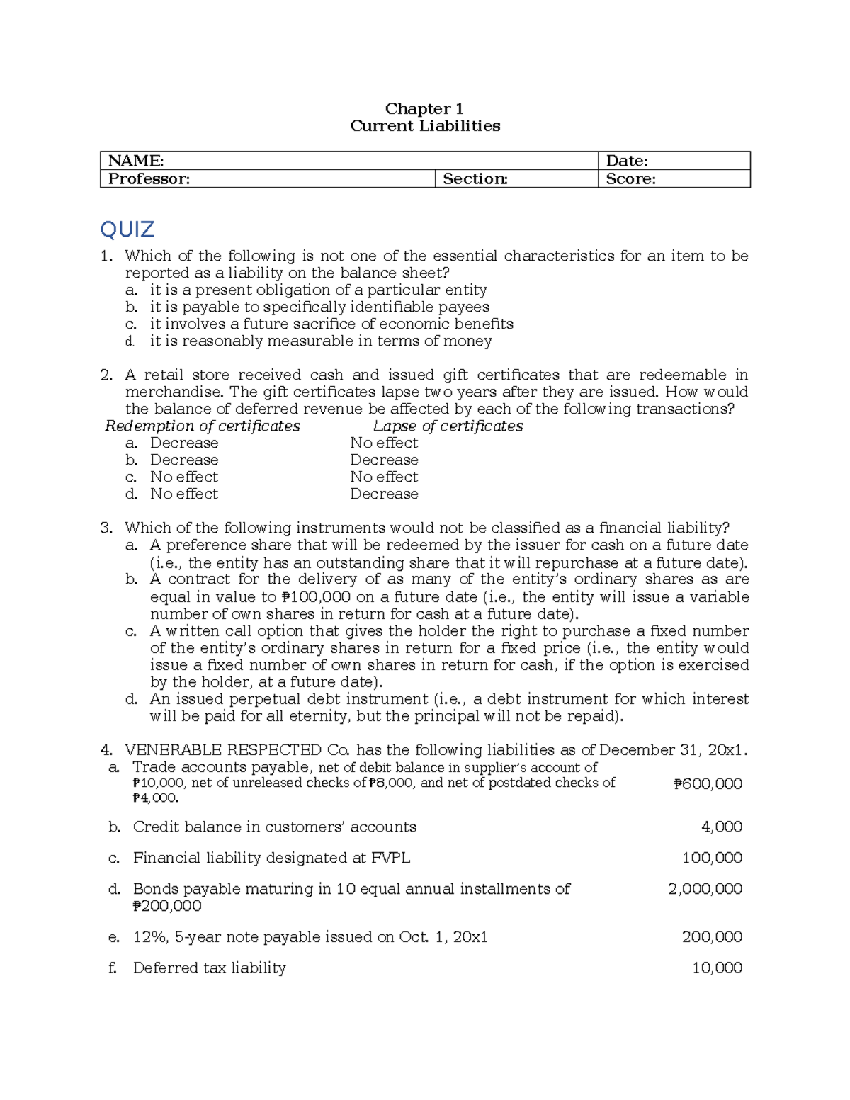 Acctg 216 QUIZ: Chapter 1 - Current Liabilities Overview - Studocu