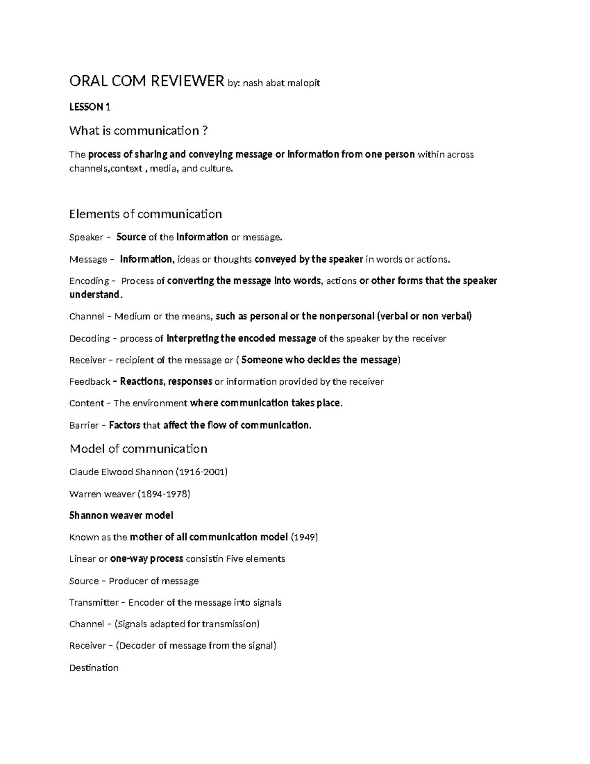 ORAL COM 101: Communication Concepts and Strategies Review - Studocu