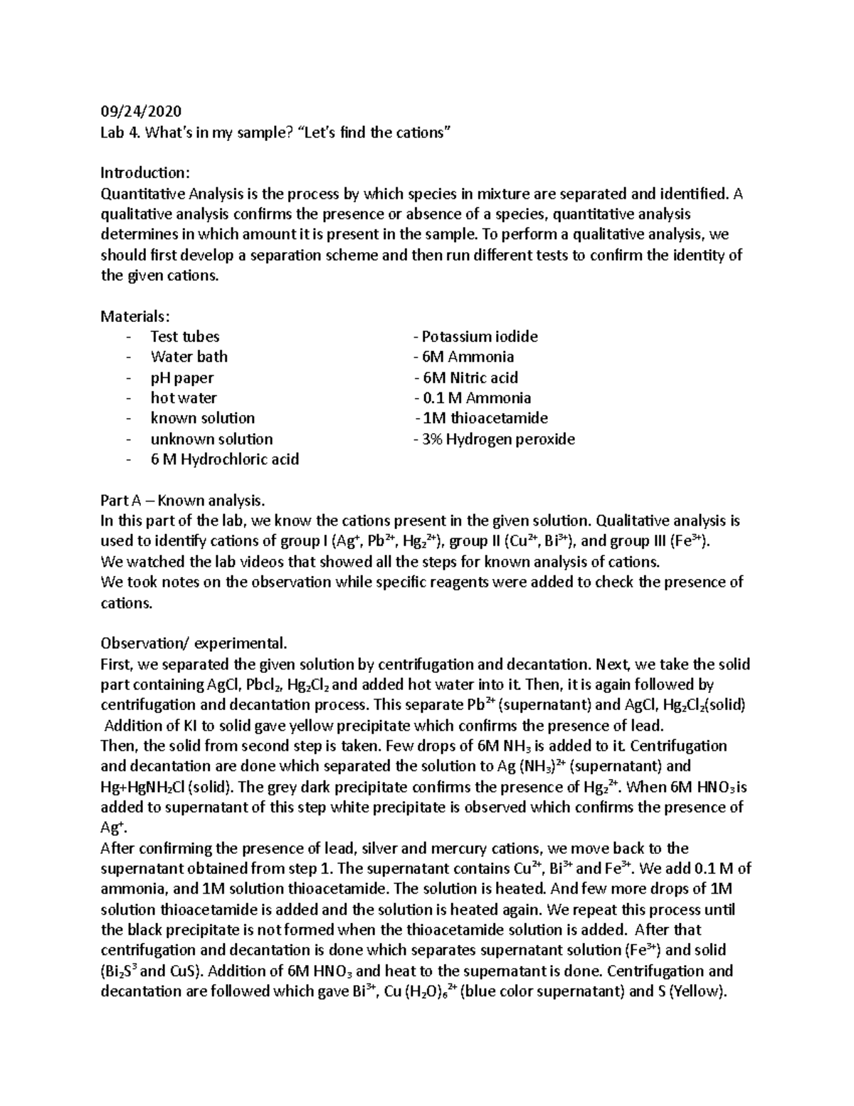 Lab 4: Cation Identification and Analysis in Sample Mixtures - Studocu