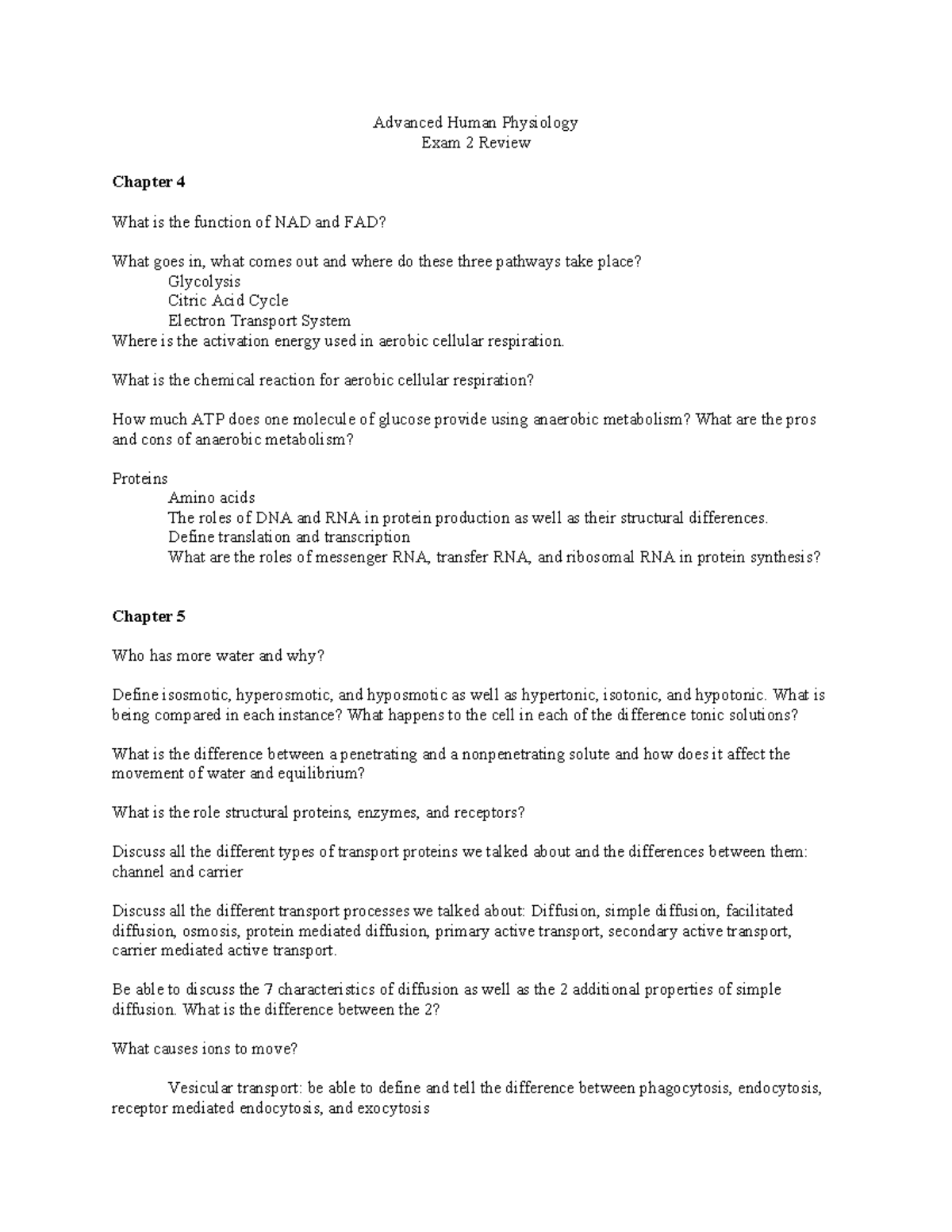 Advanced Human Physiology Exam 2 Review - Chapters 4 to 6 Notes - Studocu