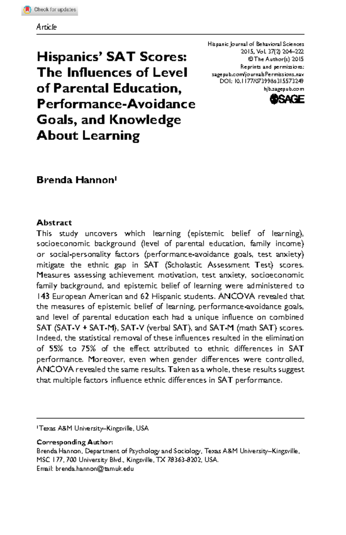 Hannon 2015: Influences of Parental Education & Goals on Hispanic SAT ...