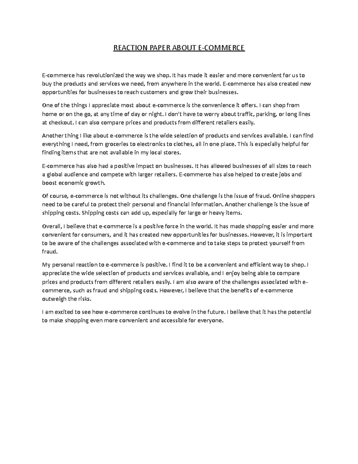 Reaction Paper About E - REACTION PAPER ABOUT E-COMMERCE E-commerce has ...